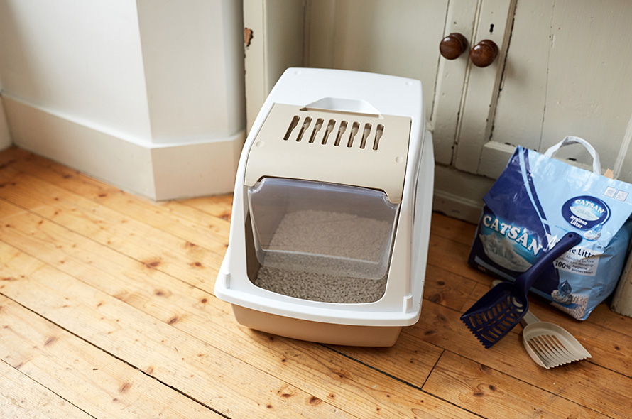 A cat enclosed littler tray filled with litter as a bag of litter its next to it with a few tray scoops 