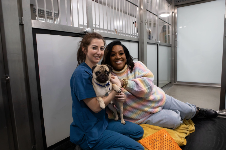 TV presenter and Battersea staff member in a kennel with a pug smiling at the camera