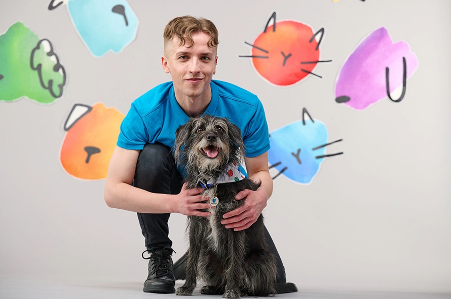 Battersea staff member crouched down holding a scruffy medium sized dog 