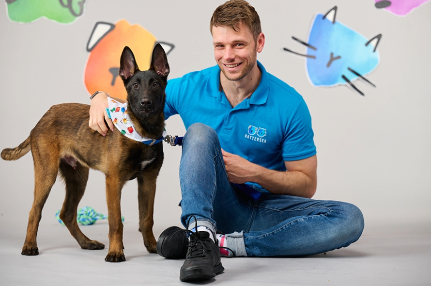 Battersea staff member with a Belgian Shepherd puppy wearing a rainbow bandana