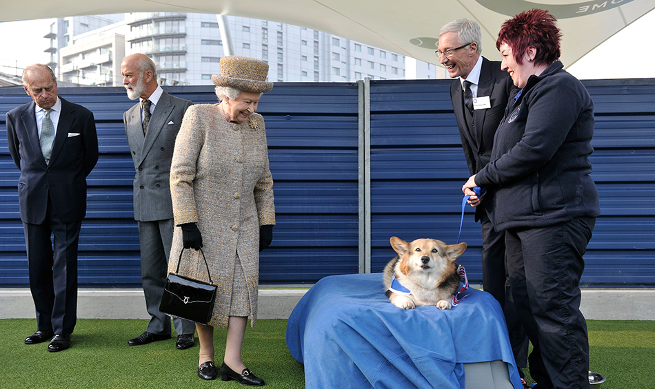 Queen Elizabeth II smiling at a corgi in a Battersea paddock