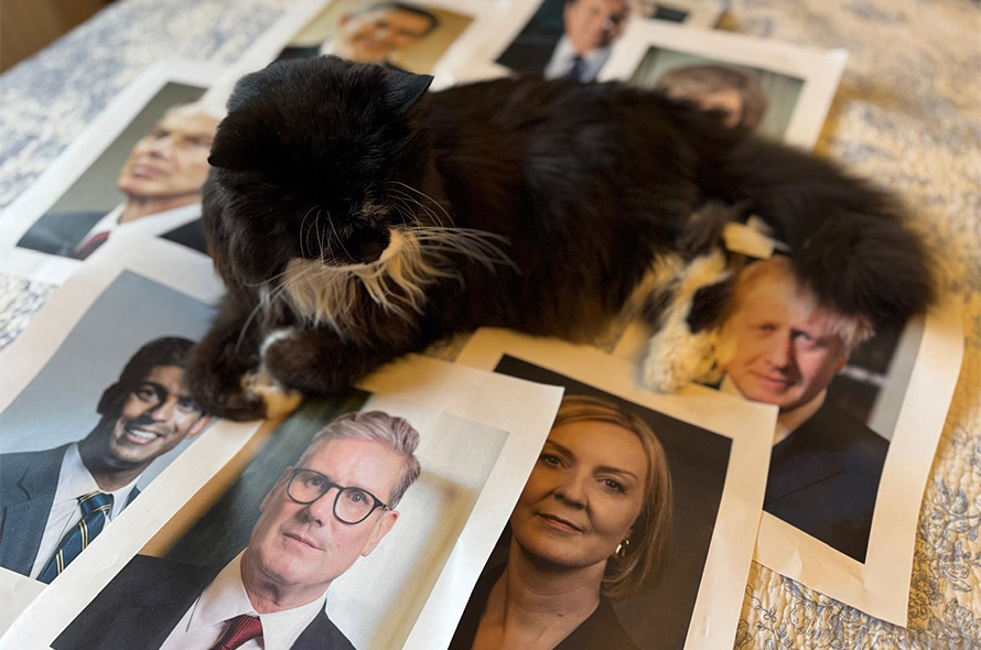 Cat laying on images of UK Prime Ministers